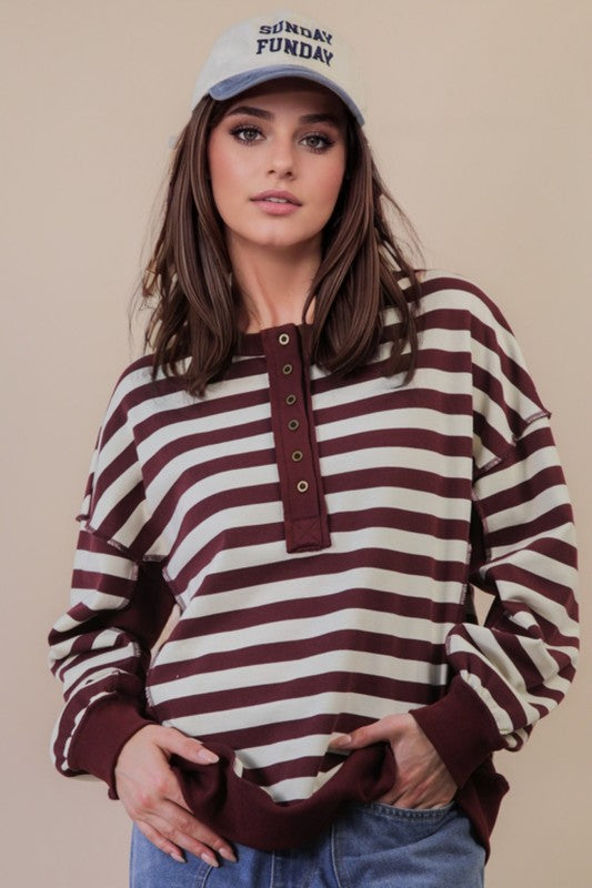 Oversized Striped Half Button Down Casual Knit Top