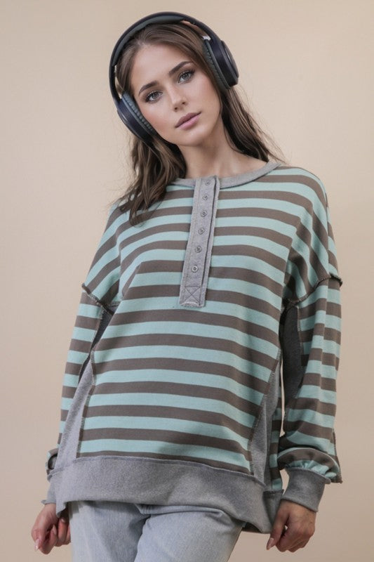 Oversized Striped Half Button Down Casual Knit Top