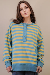 Oversized Striped Half Button Down Casual Knit Top