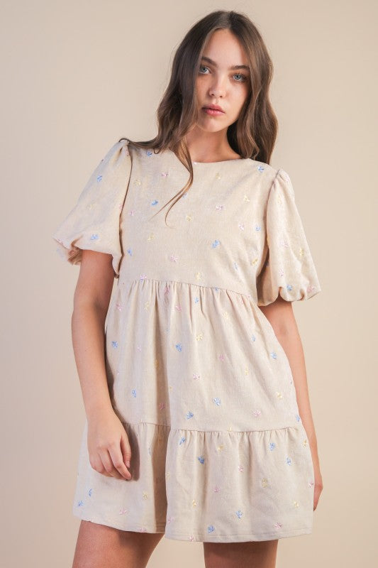 Bow Embroidery Velvet Mini Holiday Dress