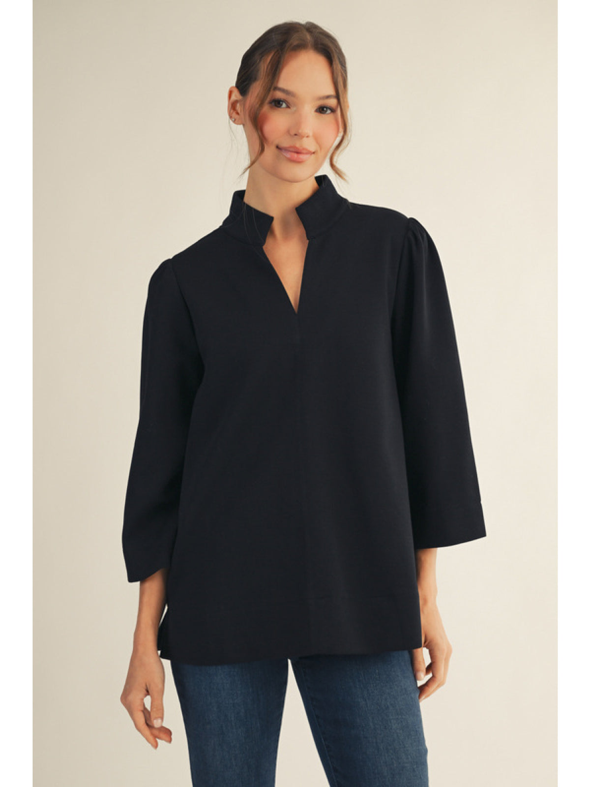 3/4 sleeves puff shoulder top, standing neckline, side slit.