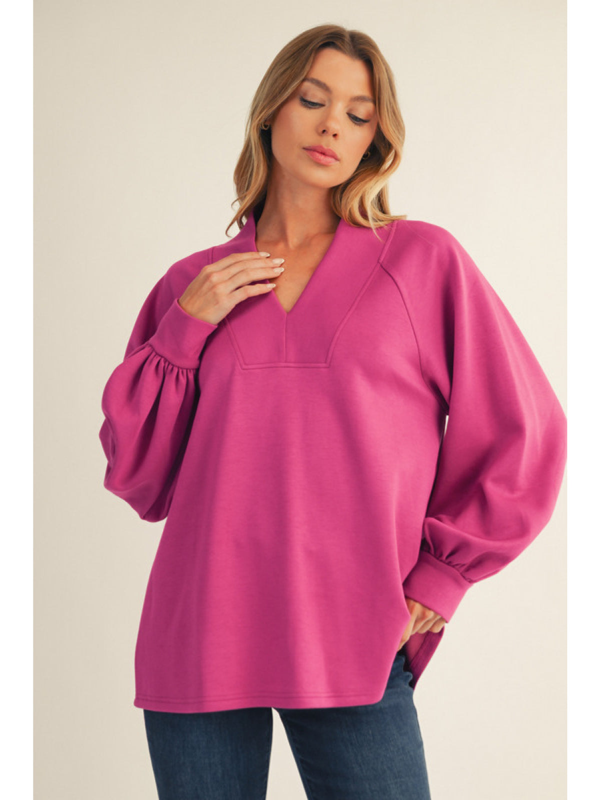 Long raglan sleeves v neck solid top, slightly high neckline