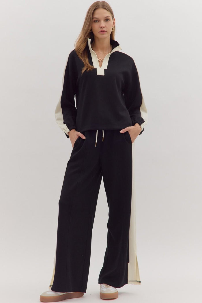 Solid long sleeve knit top featuring contrast collar and contrast stripe detail Pants Set
