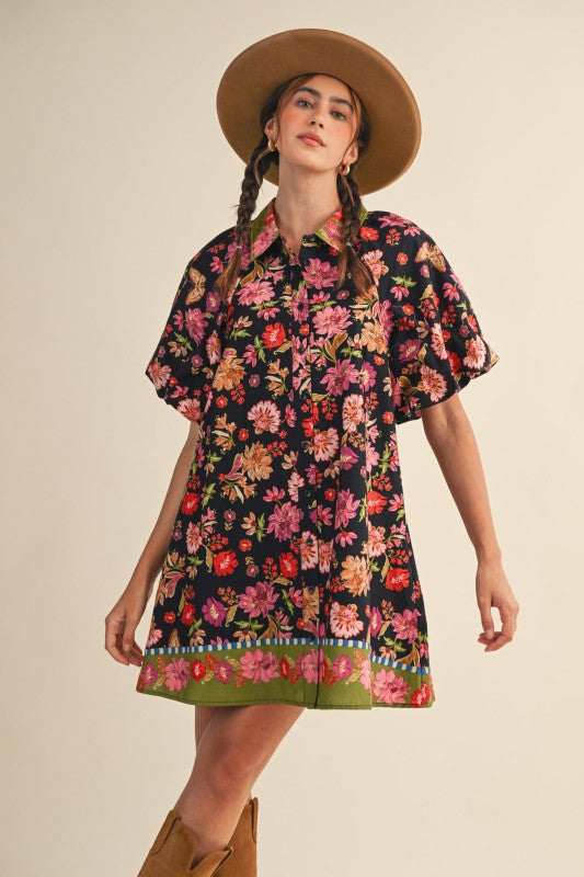 Collared Button Down Floral Mini Dress