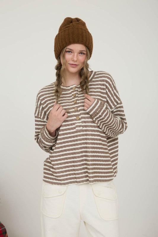 Stripe Textured Long Sleeve Henley Knit Top
