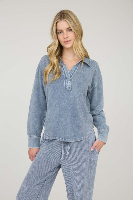 Washed Long Sleeve U Hem Polo Knit Top