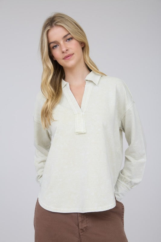 Washed Long Sleeve U Hem Polo Knit Top