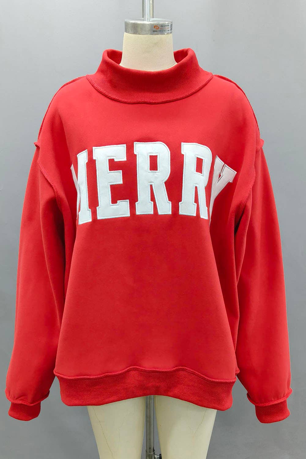 MERRY' Embroidered Mock Neck Sweatshirt Red/White