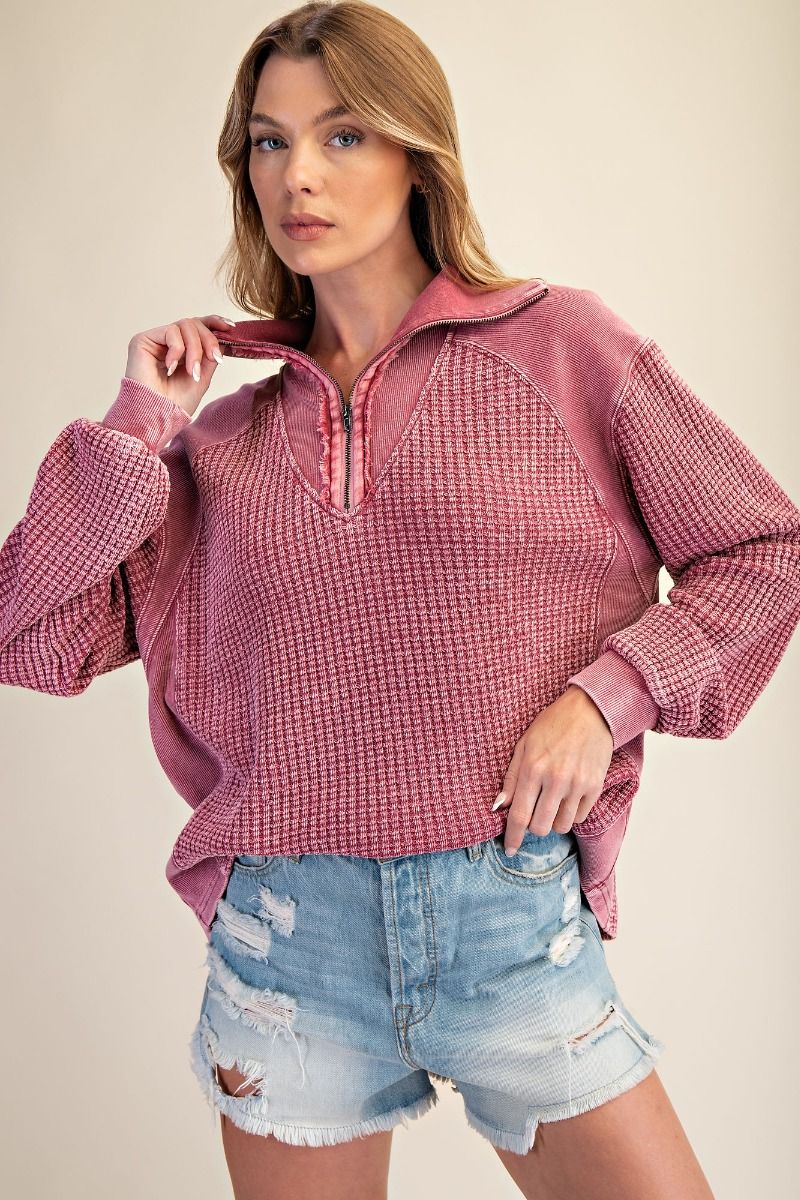 ZIP UP WASHED THERMAL PULLOVER