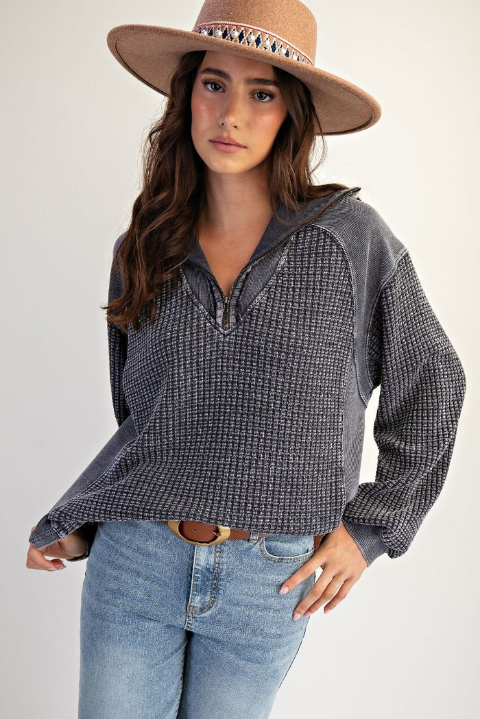 ZIP UP WASHED THERMAL PULLOVER