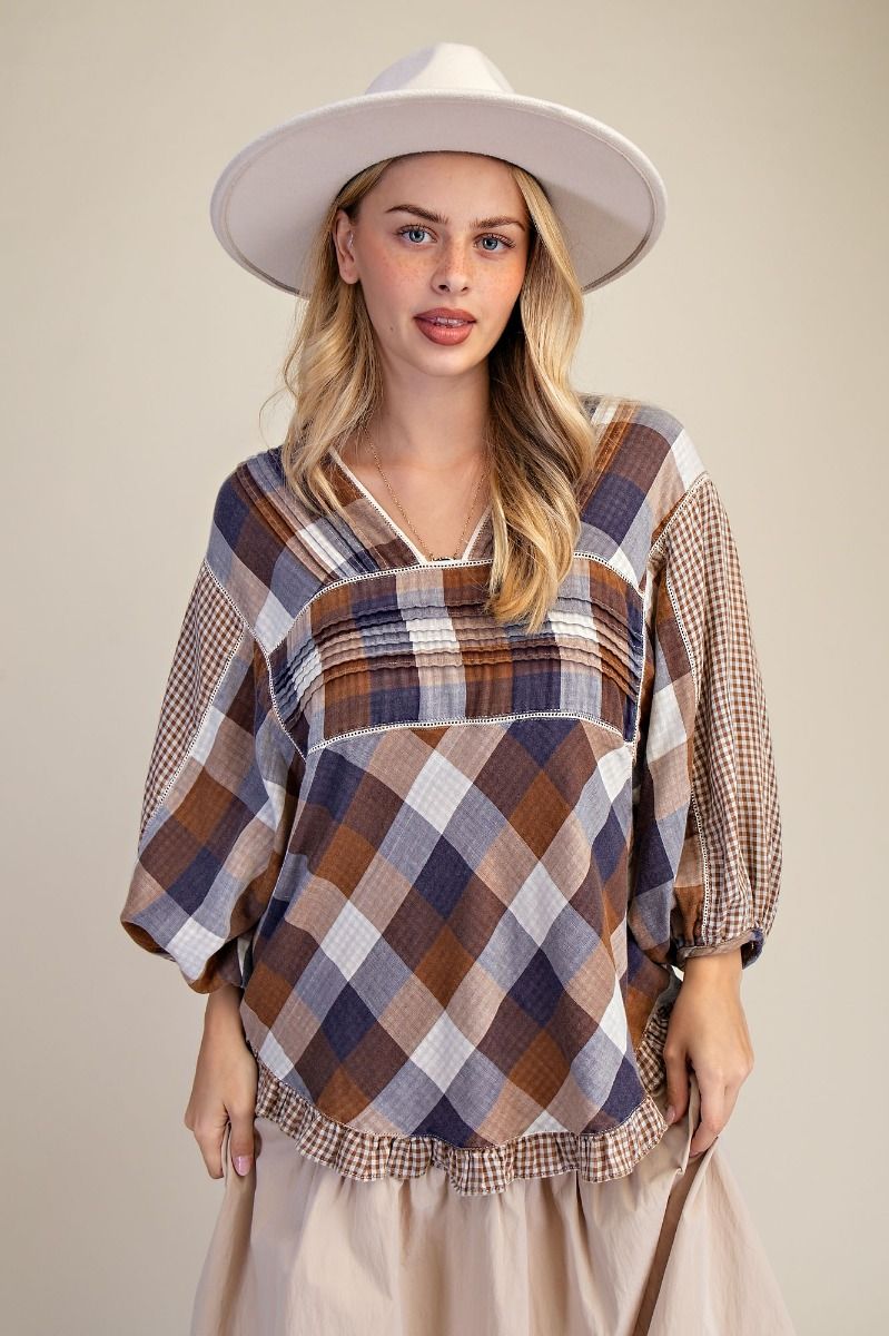 CHECKERED WASHED COTTON GAUZE TOP