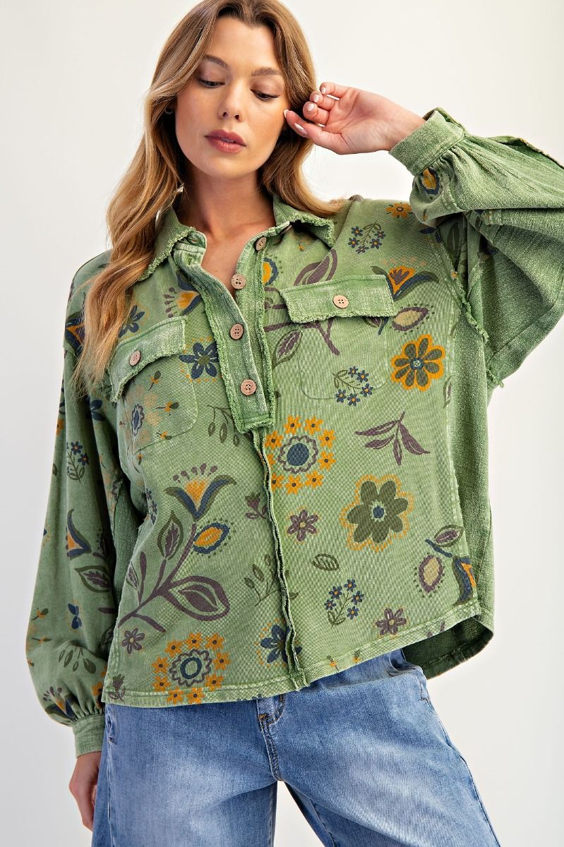 FLORAL PRINTED WASHED TERRY PULLOVER SHIRT
