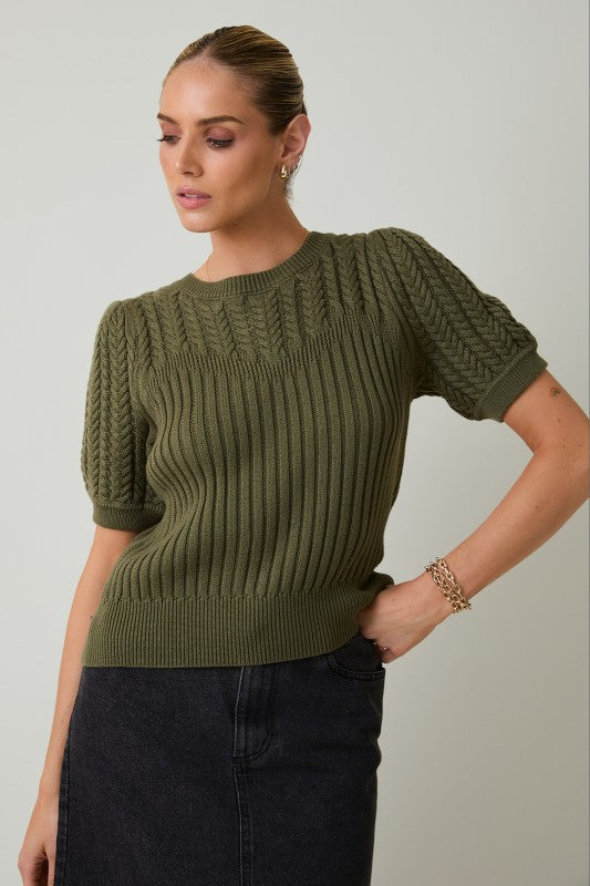 Round Neck Puff Short Sleeve Cable Sweater