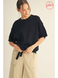 Plus size drop shoulder comfy sweater top with raw edge detail.