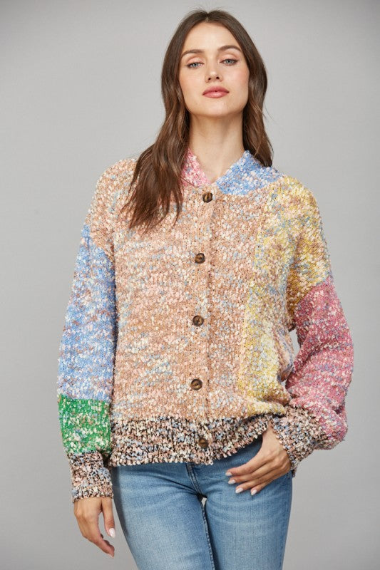 FRONT BUTTON-UP HOODED COLORBLOCK CARDIGAN