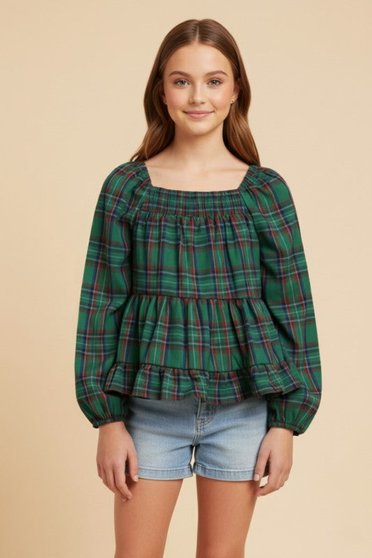 Girls Smock Detail Peplum Plaid Top