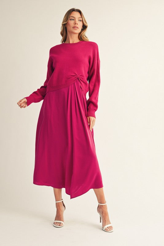 Front Pleat Detail Solid Mix Match Dress w/ Sweater