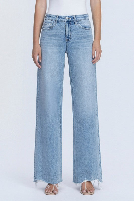 Flying Monkey High Rise Medium Light Wash Raw Hem Wide Jeans