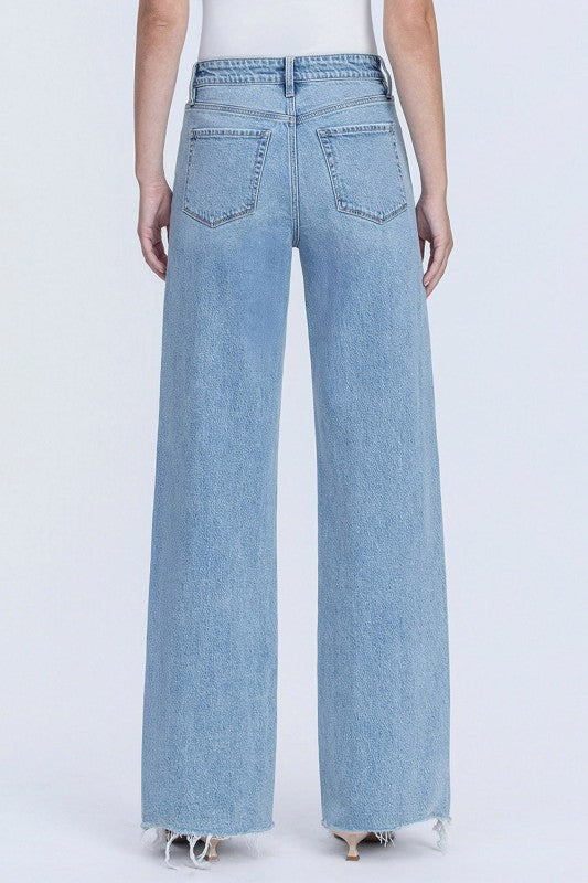 Flying Monkey High Rise Medium Light Wash Raw Hem Wide Jeans