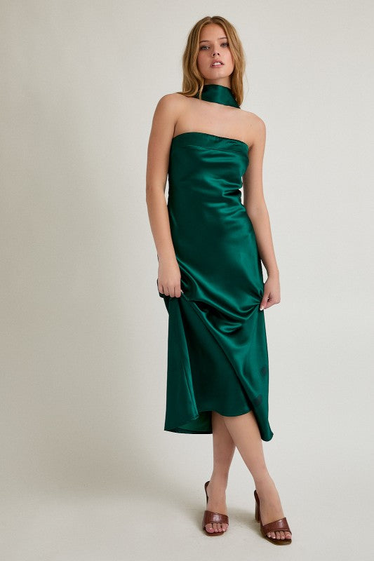 Strapless Scarf Detail Bias Satin Midi Dress