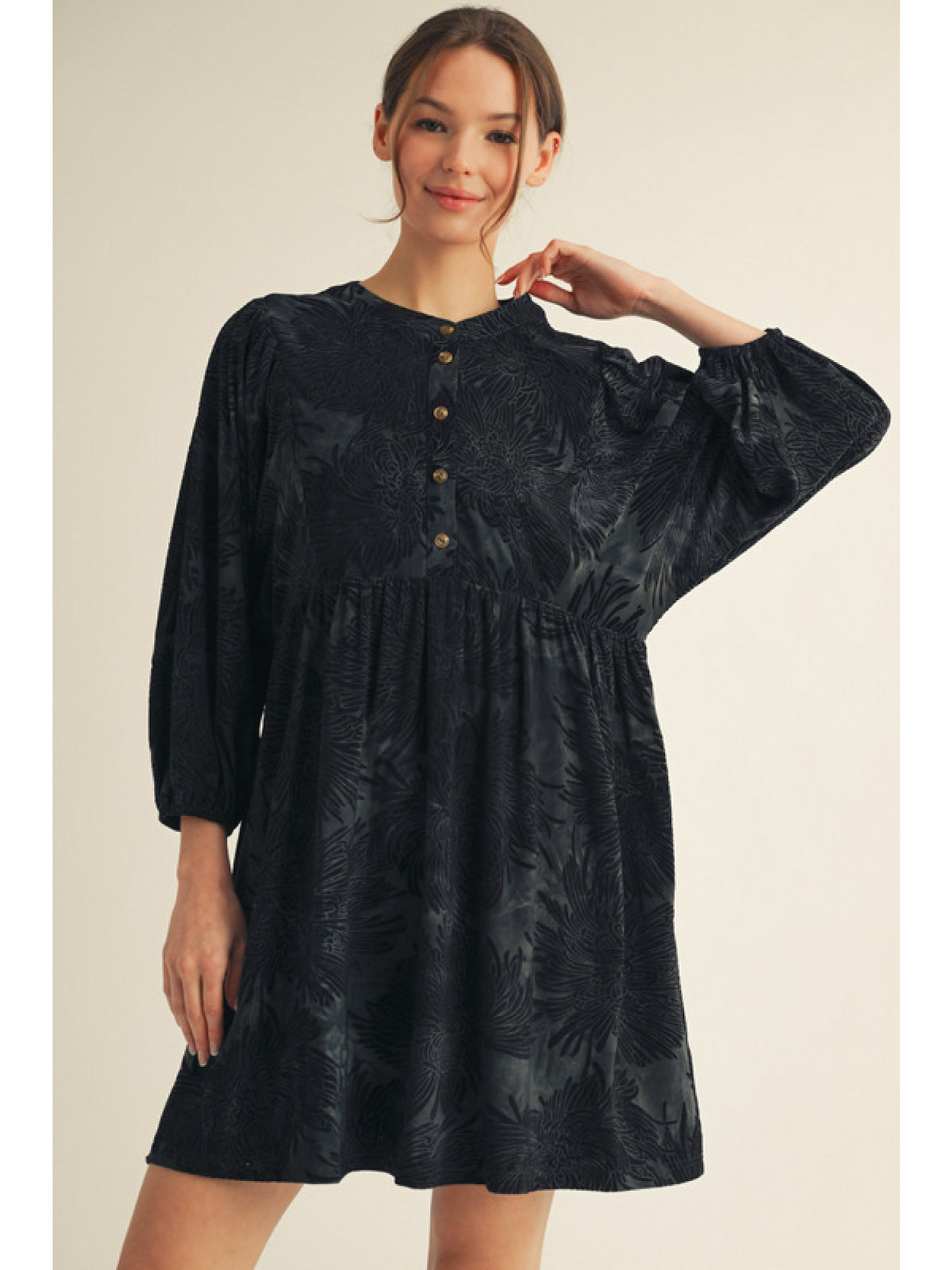 3/4 sleeves velvety floral jacquard dress