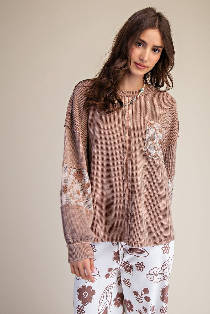 LACE MIX WASHED THERMAL KNIT PULLOVER