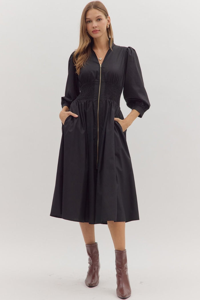Solid puff 3/4 sleeve midi dress