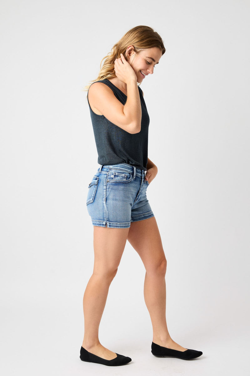 Judy Blue Mid-Rise Heavy Contrast Faux Flap Pocket Shorts