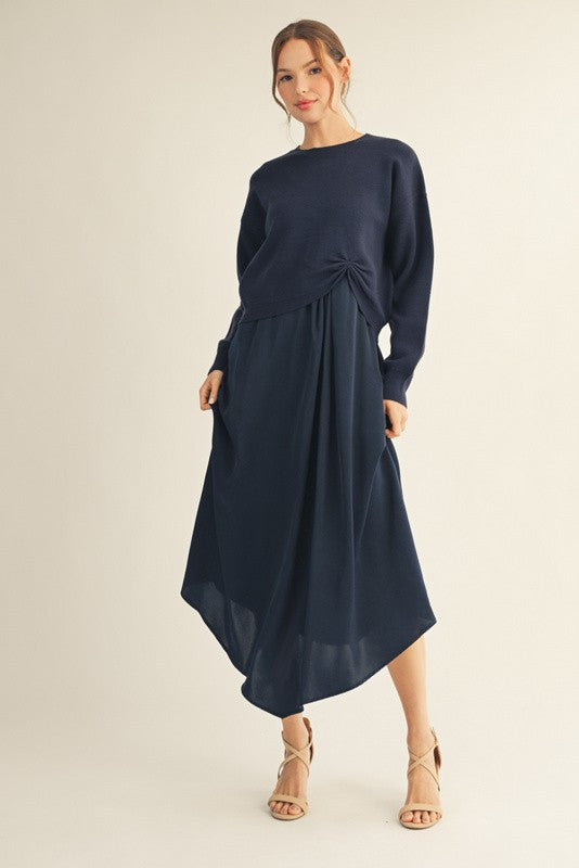 Front Pleat Detail Solid Mix Match Dress w/ Sweater