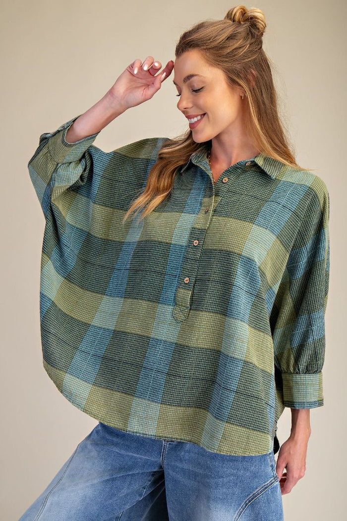 PLAID PATTERNED BUTTON DOWN OVERSIZED SHIRT