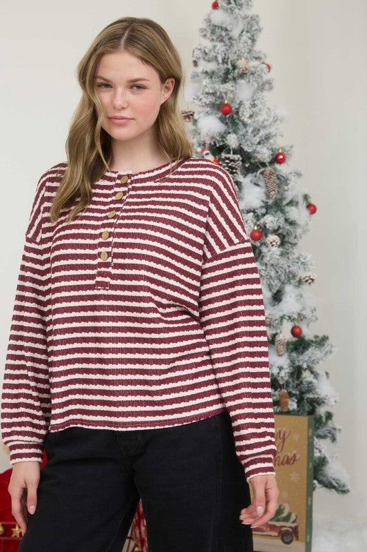 Stripe Textured Long Sleeve Henley Knit Top