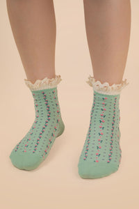 Lace Trim Detail Floral Printed Crew Socks