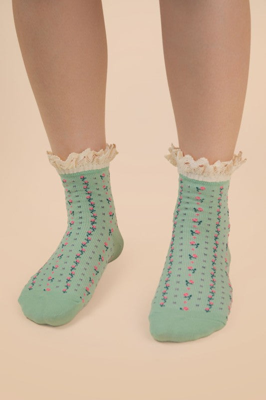 Lace Trim Detail Floral Printed Crew Socks