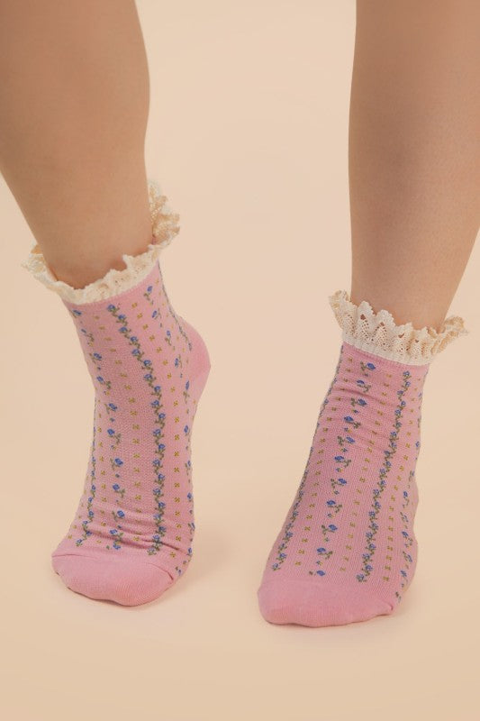 Lace Trim Detail Floral Printed Crew Socks