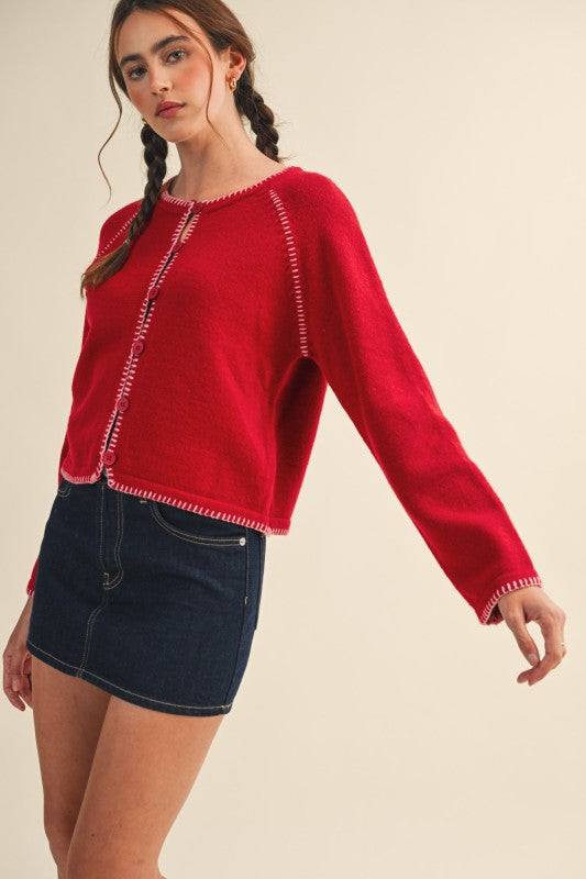 Contrast Blanket Stitch Sweater Cardigan
