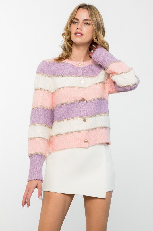 Colorblock Rib Knit Button Up Cardigan