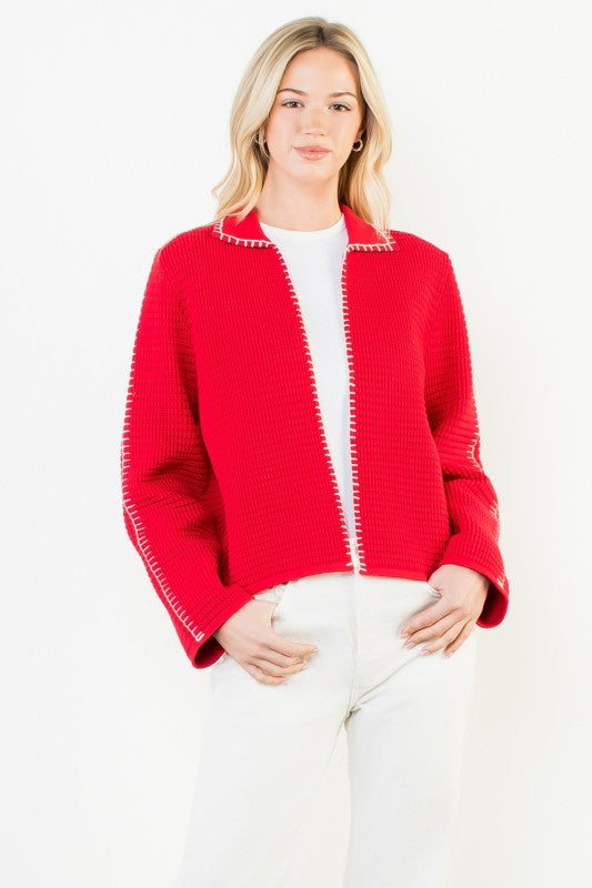Collared Contrast Stitch Knit Cardigan