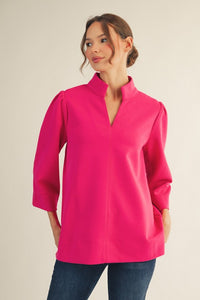3/4 sleeves puff shoulder top, standing neckline, side slit.