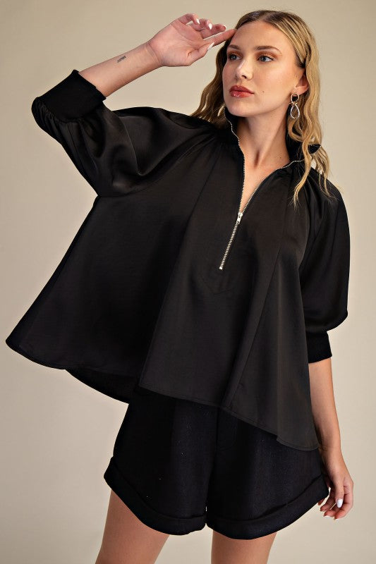 Mock Neck Band Puff Sleeve Blouse
