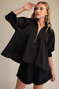 Mock Neck Band Puff Sleeve Blouse