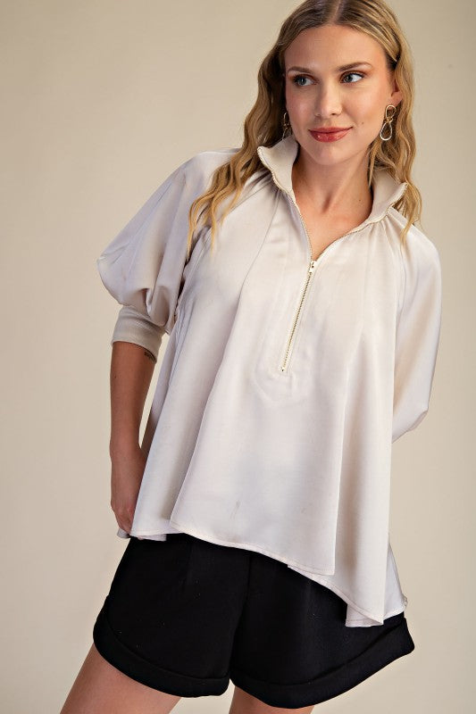 Mock Neck Band Puff Sleeve Blouse