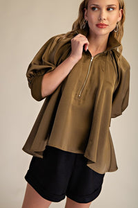 Mock Neck Band Puff Sleeve Blouse