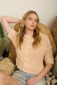 Waffle Knit Button Down Short Sleeve Cardigan