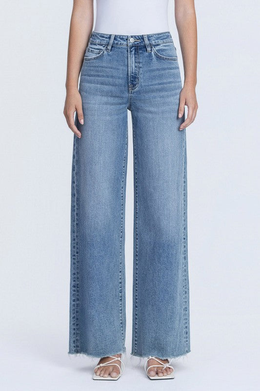 Flying Monkey Super High Rise Medium Wash Raw Hem Wide Leg Jeans