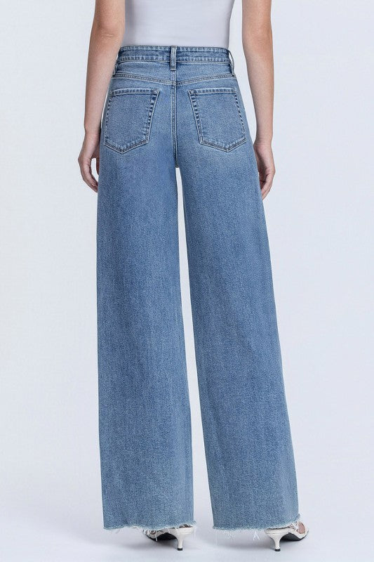 Flying Monkey Super High Rise Medium Wash Raw Hem Wide Leg Jeans