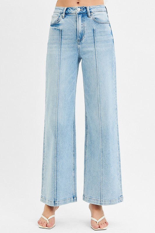 Risen High Waist Wide Leg Pintuck Detailed Jeans
