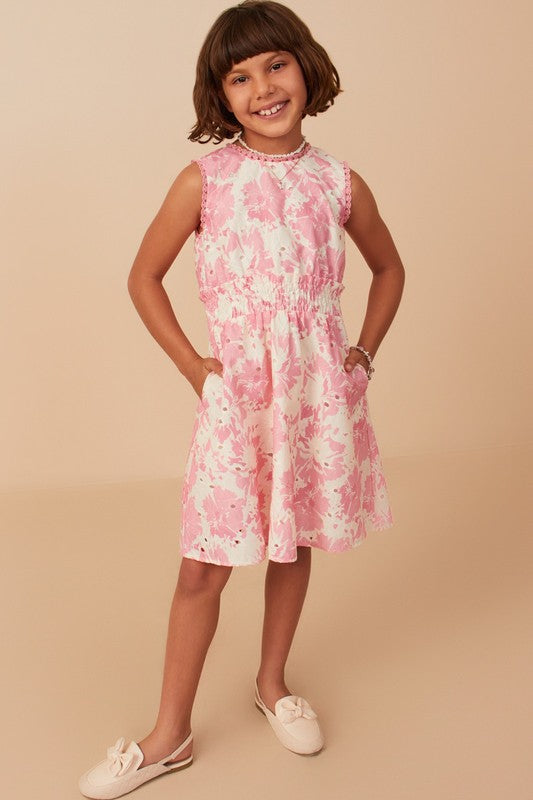 Girls Tonal Floral Print Smocked Waist Lace Dress