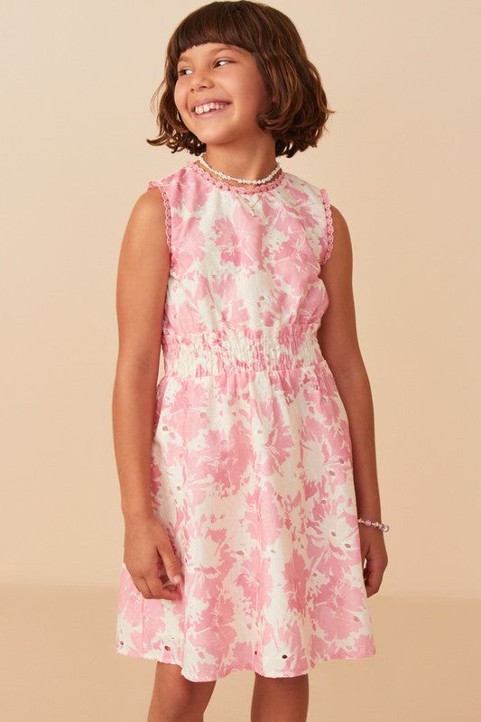 Girls Tonal Floral Print Smocked Waist Lace Dress