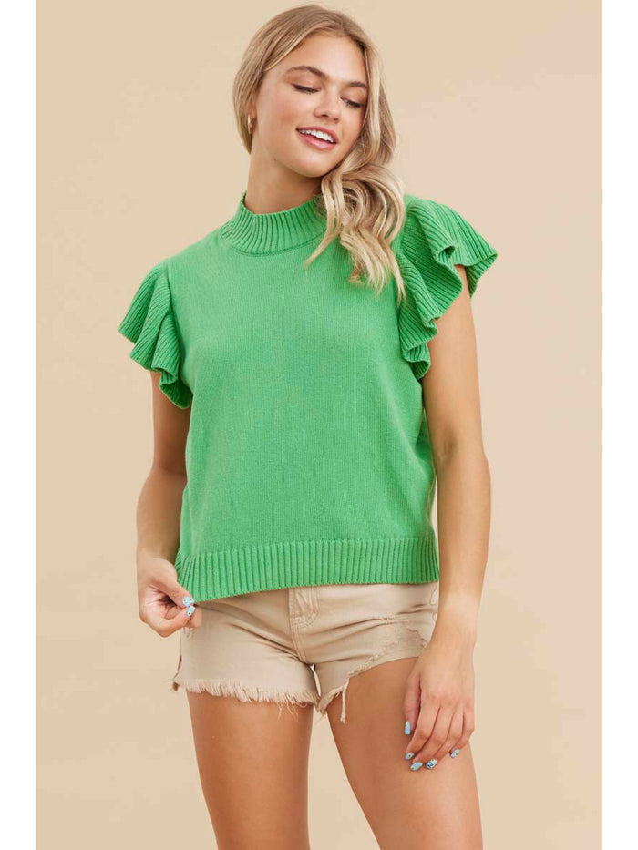 Solid knit top with a crew neck (adjustable stretch), ruffled shoulder, and ribbed hemline.