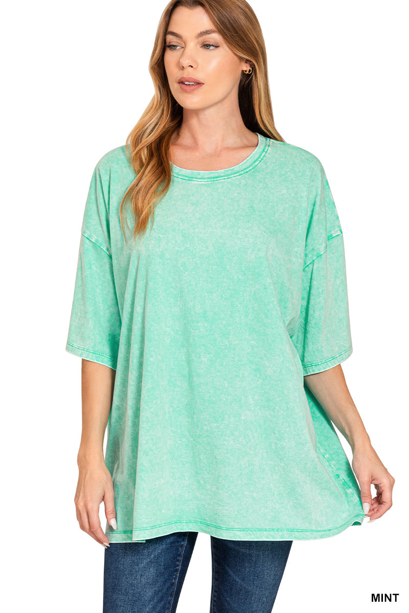 ACID WASH COTTON DROP SHOULDER OVERSIZED LONGLINE BOYFRIEND BOX TEE